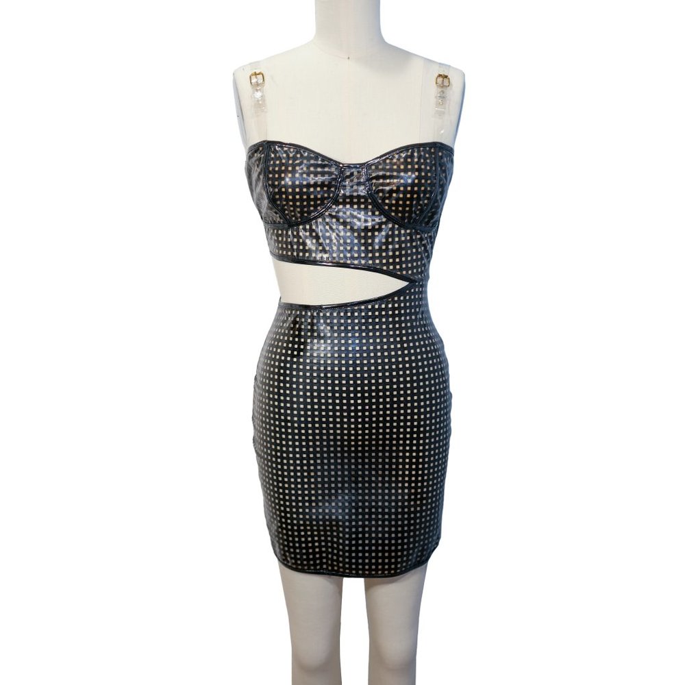 Checker Print Vinyl Bodycon Mini Dress - Size 4/6 or Small